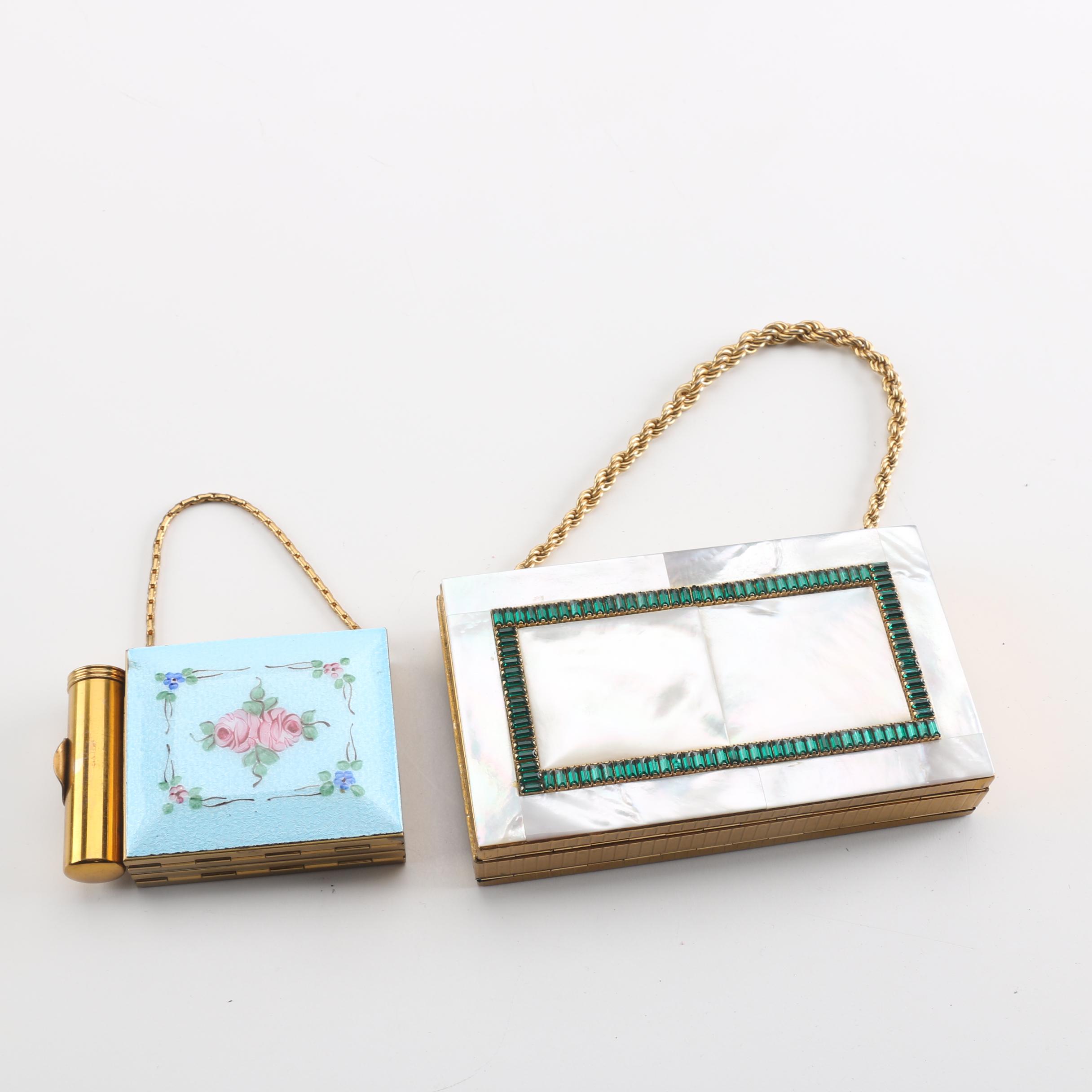 1950s Vintage Evans Mother of Pearl Compact Wristlet and Gold Tone Makeup Case