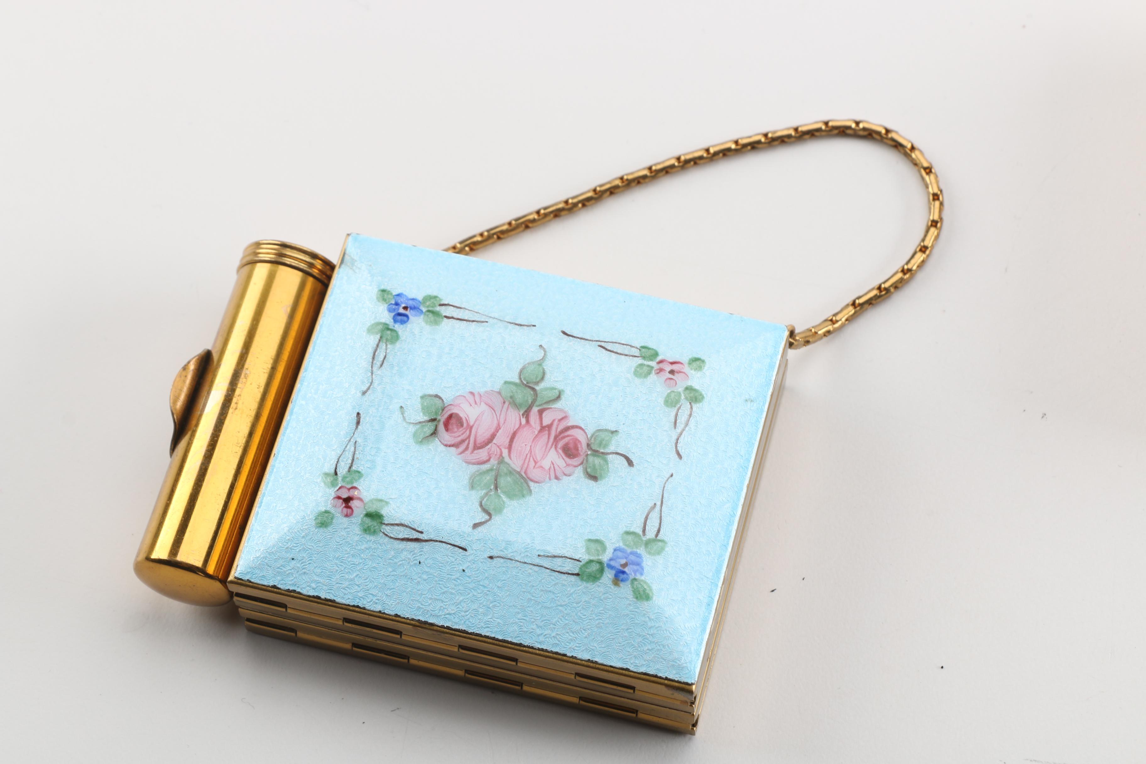 1950s Vintage Evans Mother of Pearl Compact Wristlet and Gold Tone Makeup Case