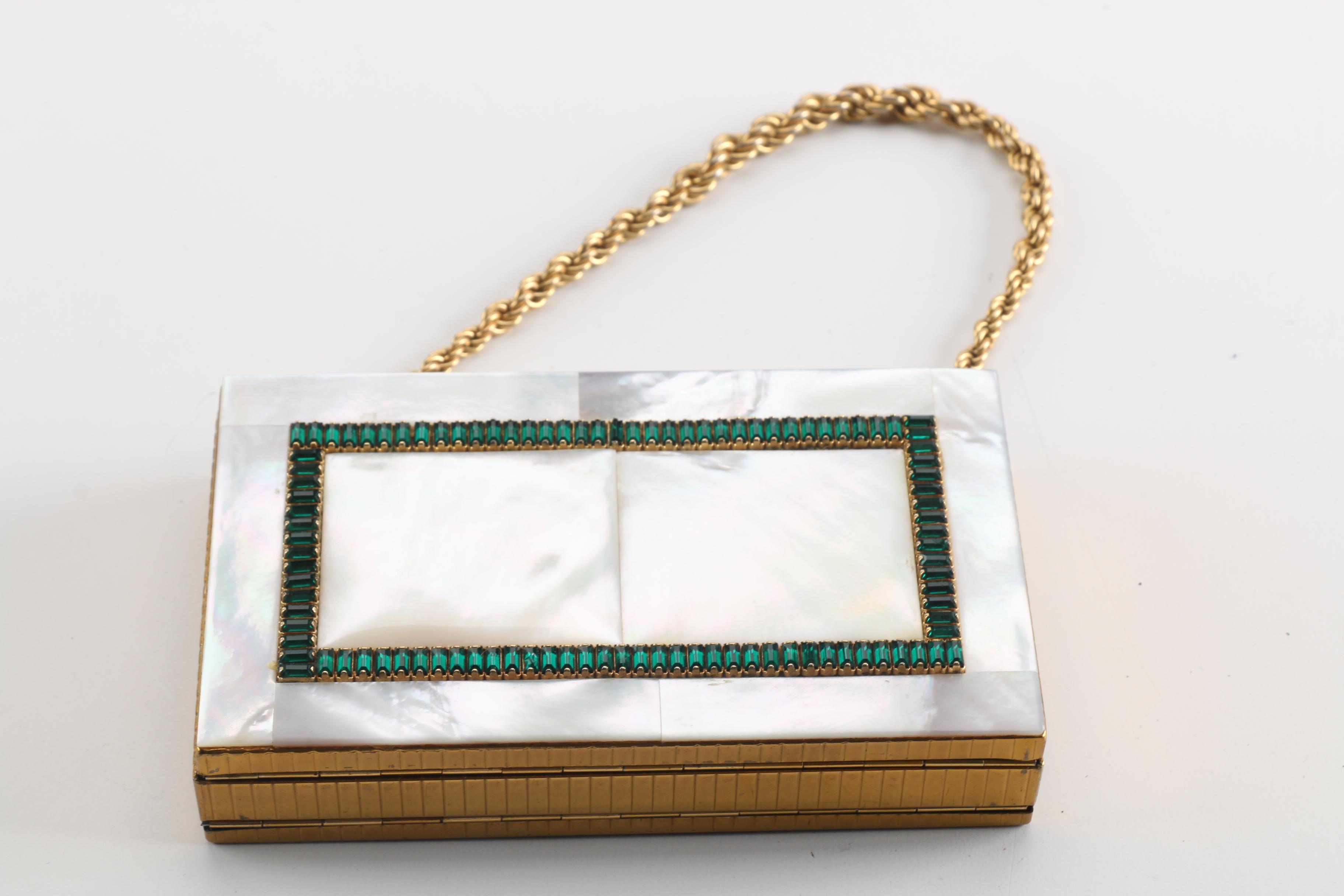 1950s Vintage Evans Mother of Pearl Compact Wristlet and Gold Tone Makeup Case