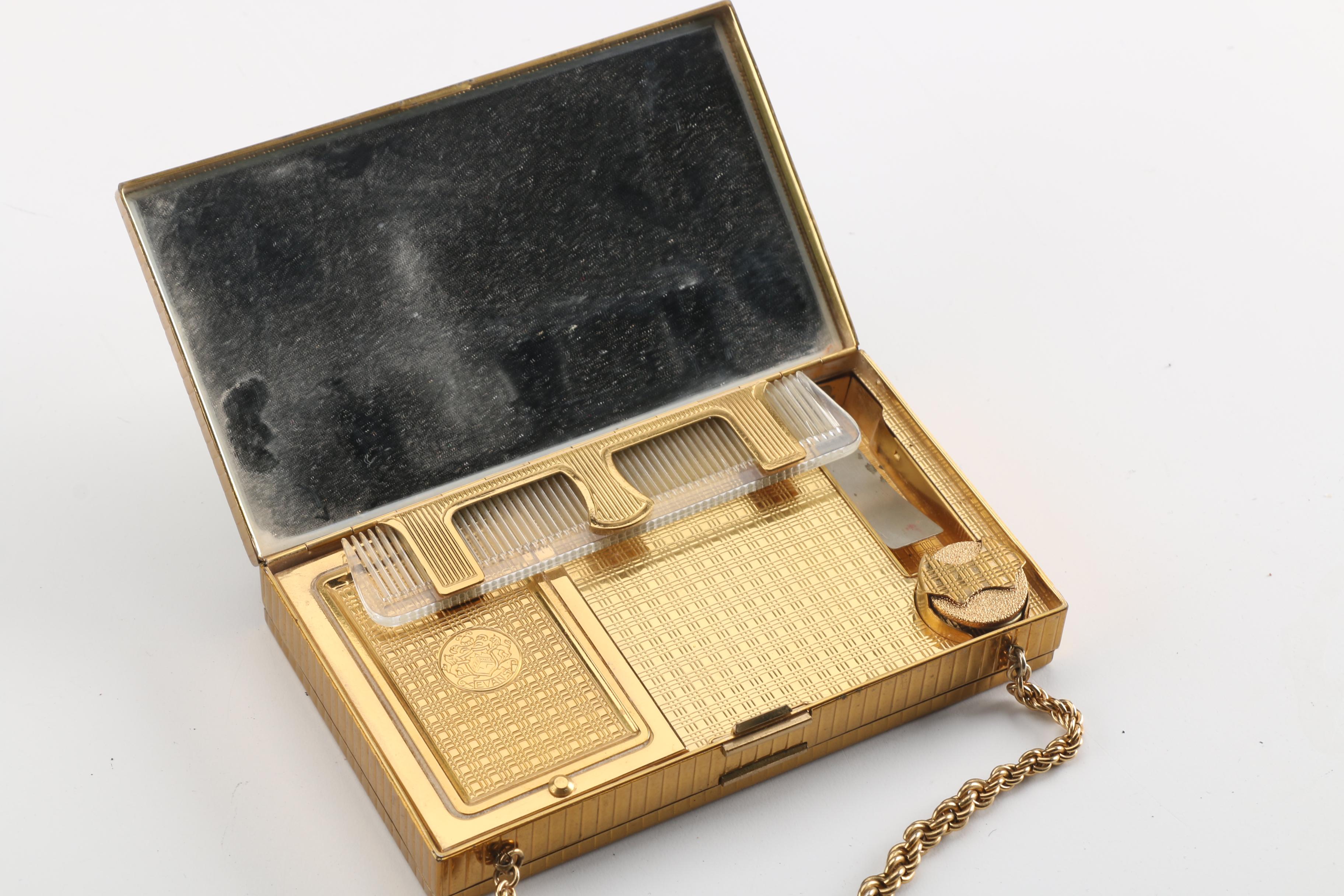 1950s Vintage Evans Mother of Pearl Compact Wristlet and Gold Tone Makeup Case