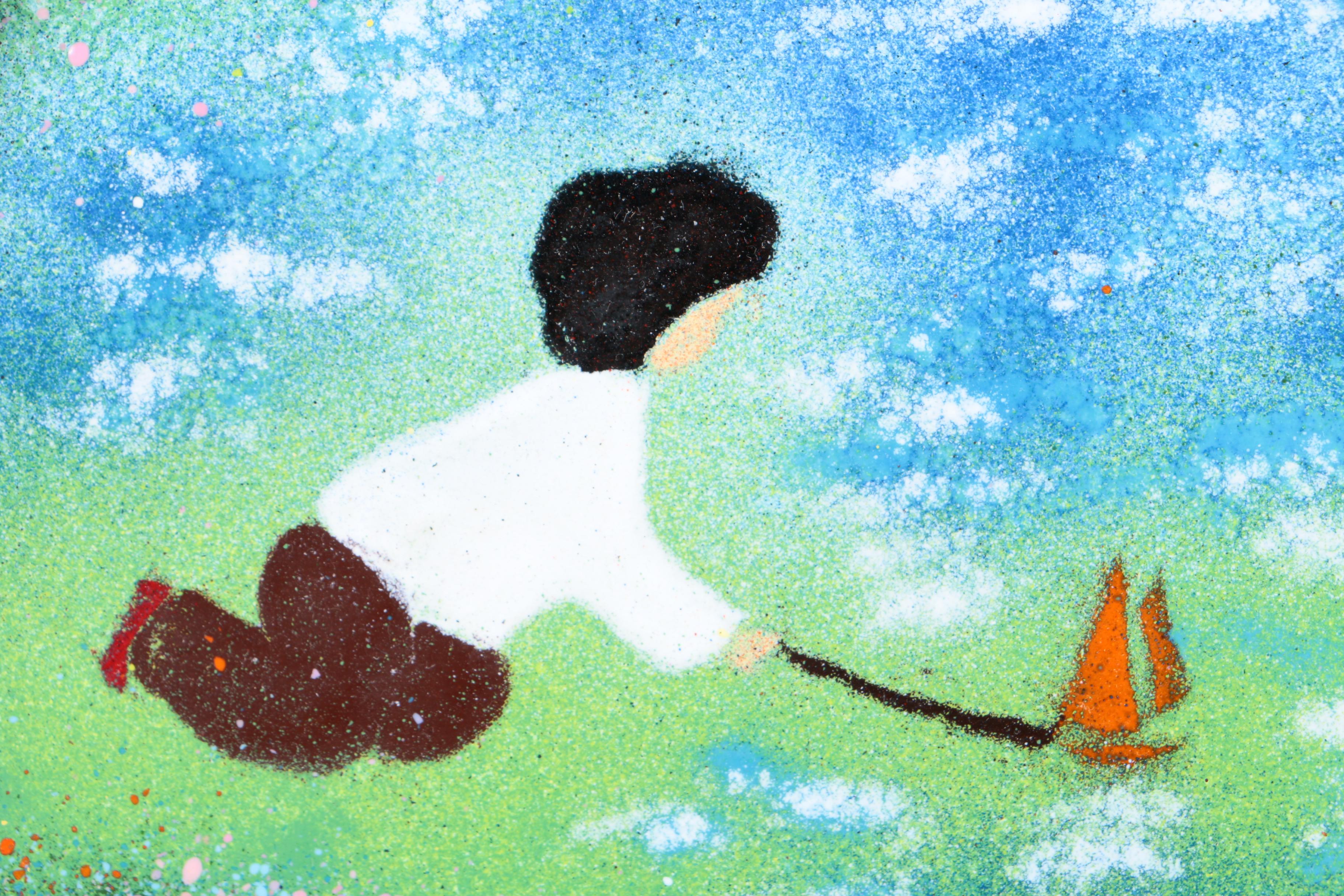 Louis Cardin Enamel Painting on Copper "Les Enfants Avec le Bateau"