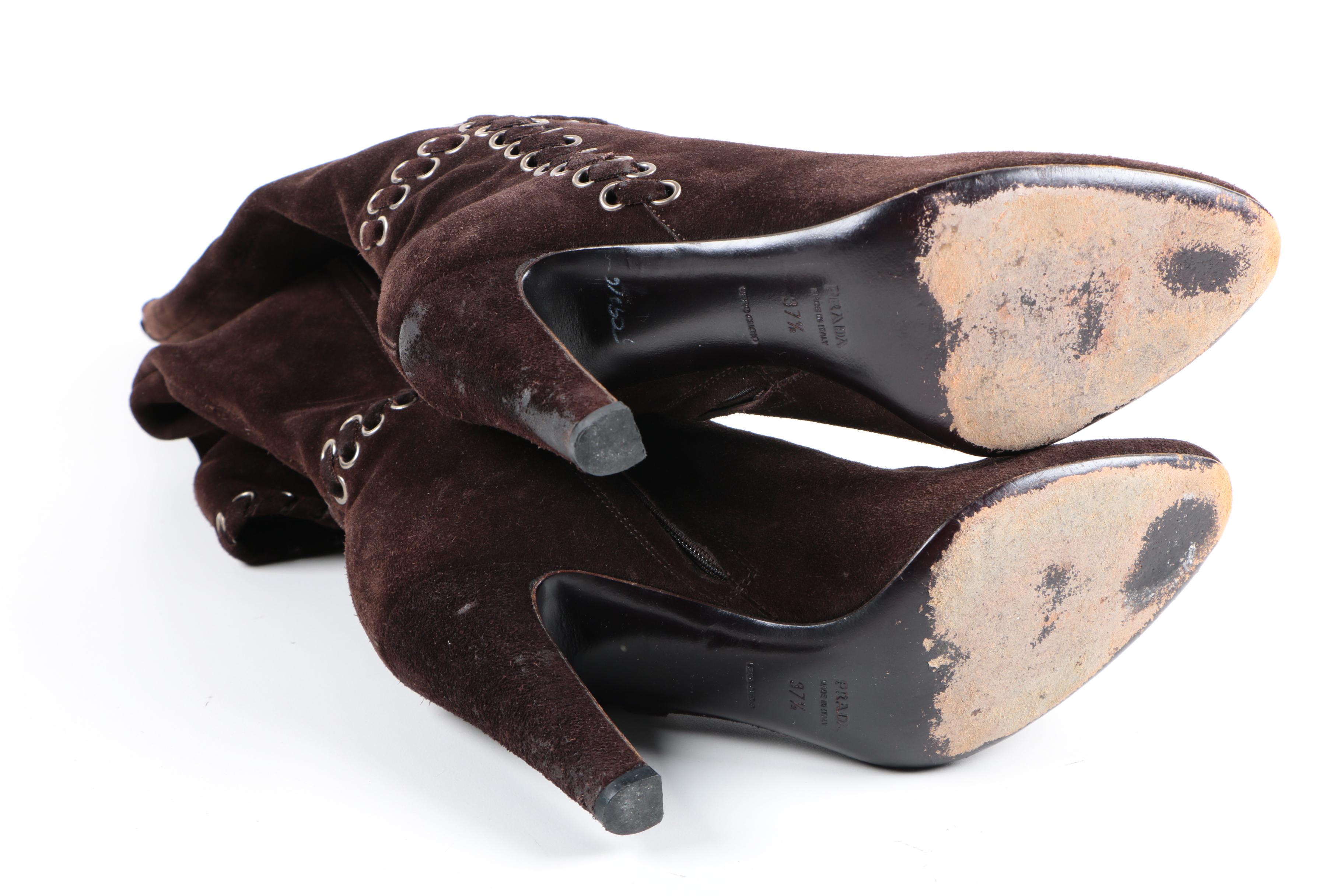 Prada Brown Suede High Heel Boots