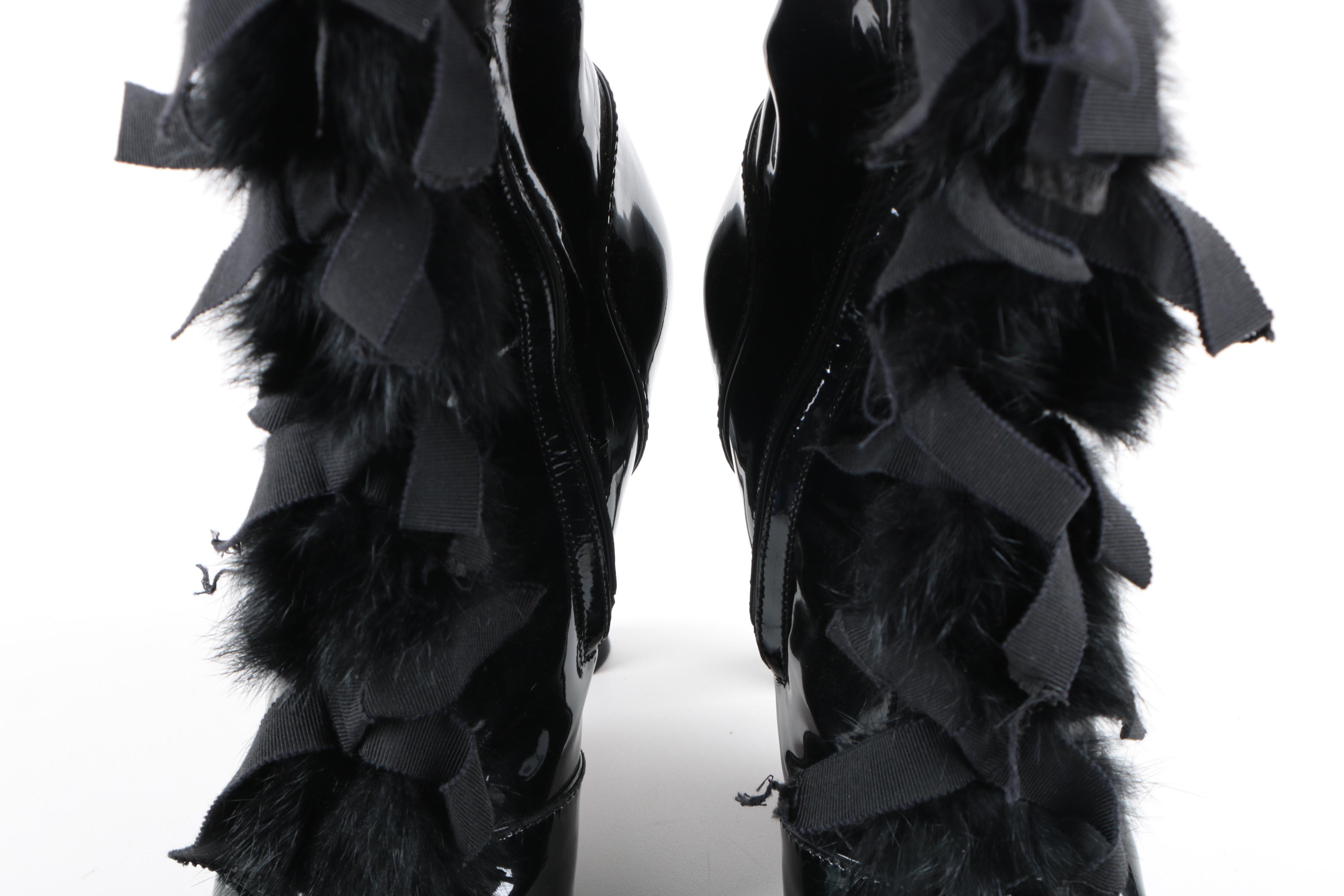 Louis Vuitton Black Fur Trimmed Patent Leather Heeled Boots