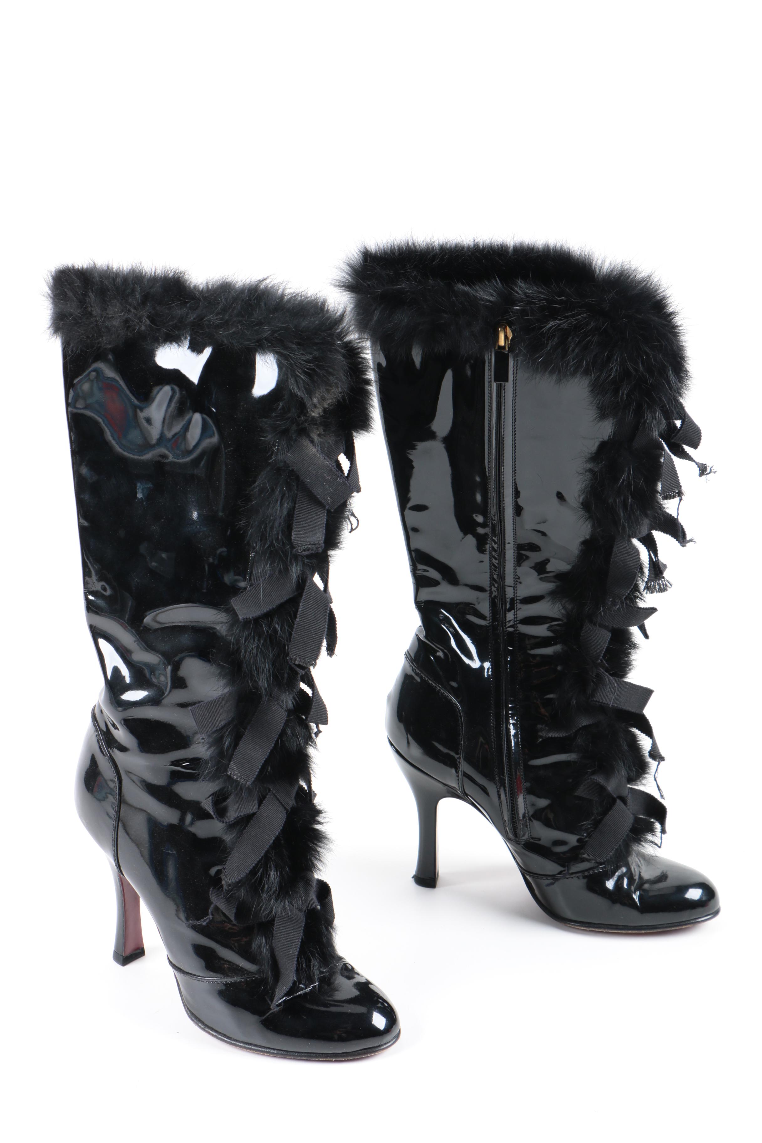 Louis Vuitton Black Fur Trimmed Patent Leather Heeled Boots