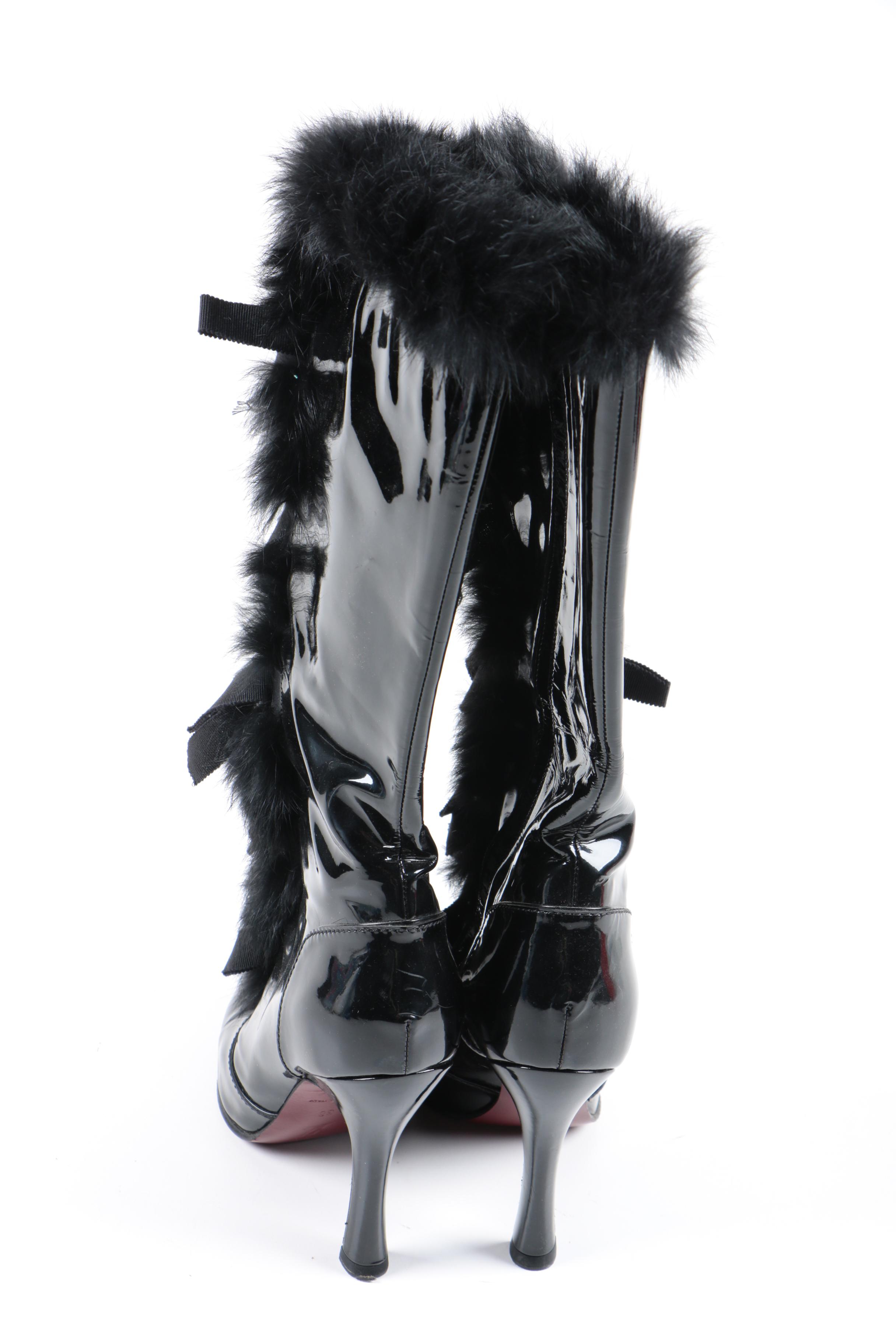 Louis Vuitton Black Fur Trimmed Patent Leather Heeled Boots