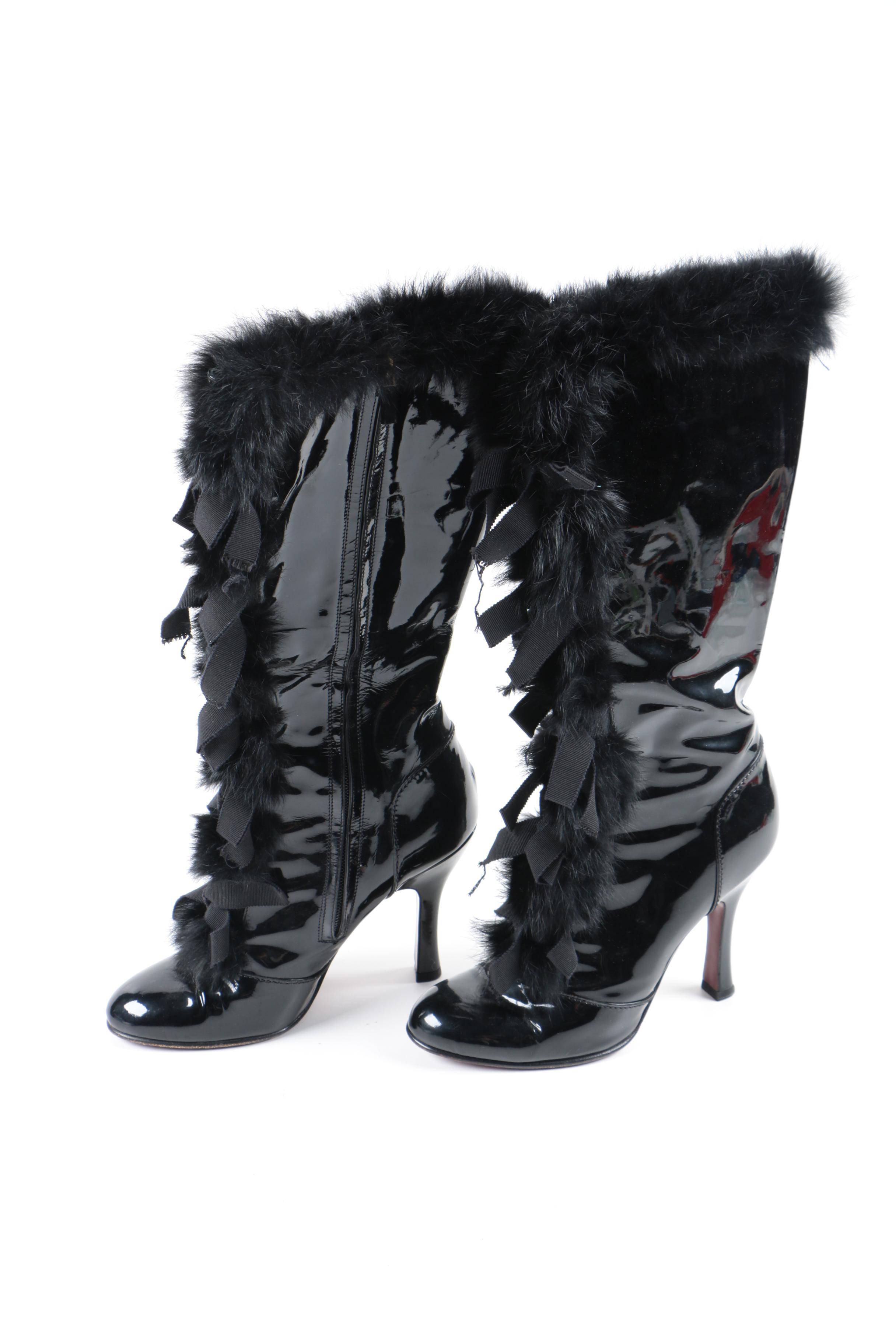 Louis Vuitton Black Fur Trimmed Patent Leather Heeled Boots