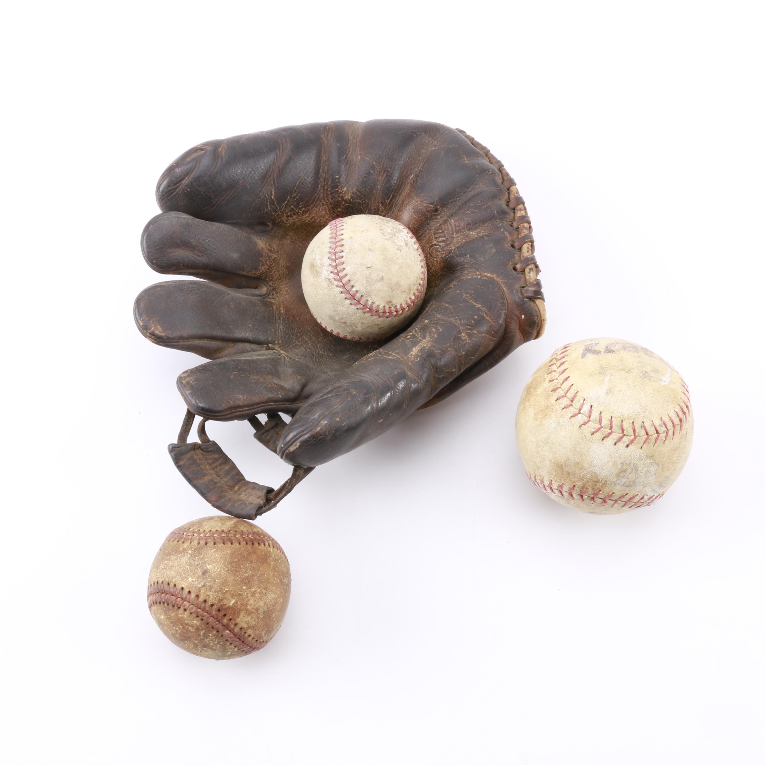Vintage Rawlings Baseball Glove with Baseballs