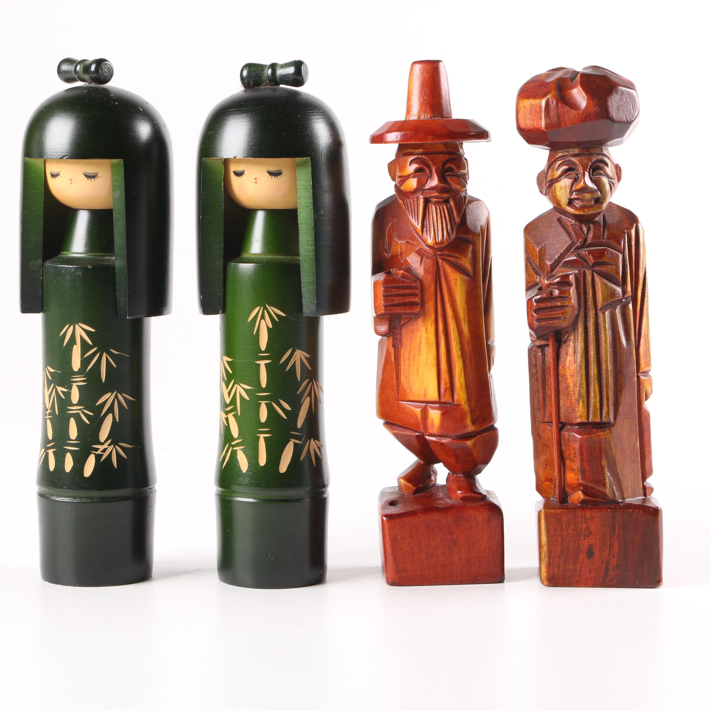 Carved Wooden Figurines and Pair of Japanese Kokeshi Dolls