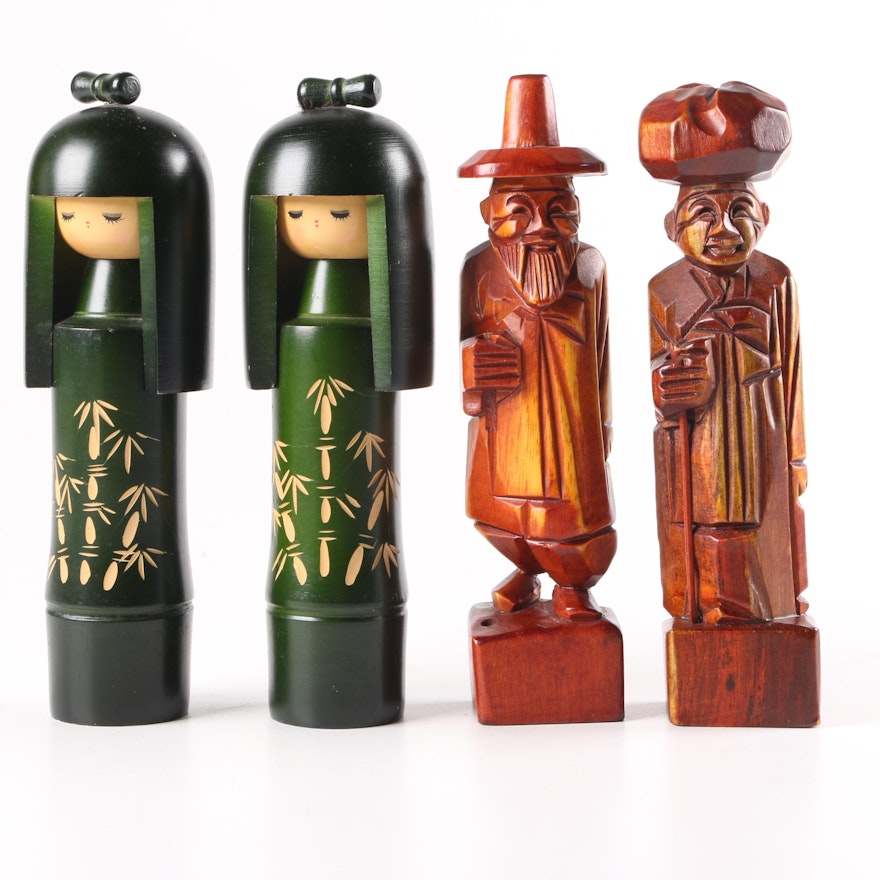 Carved Wooden Figurines and Pair of Japanese Kokeshi Dolls