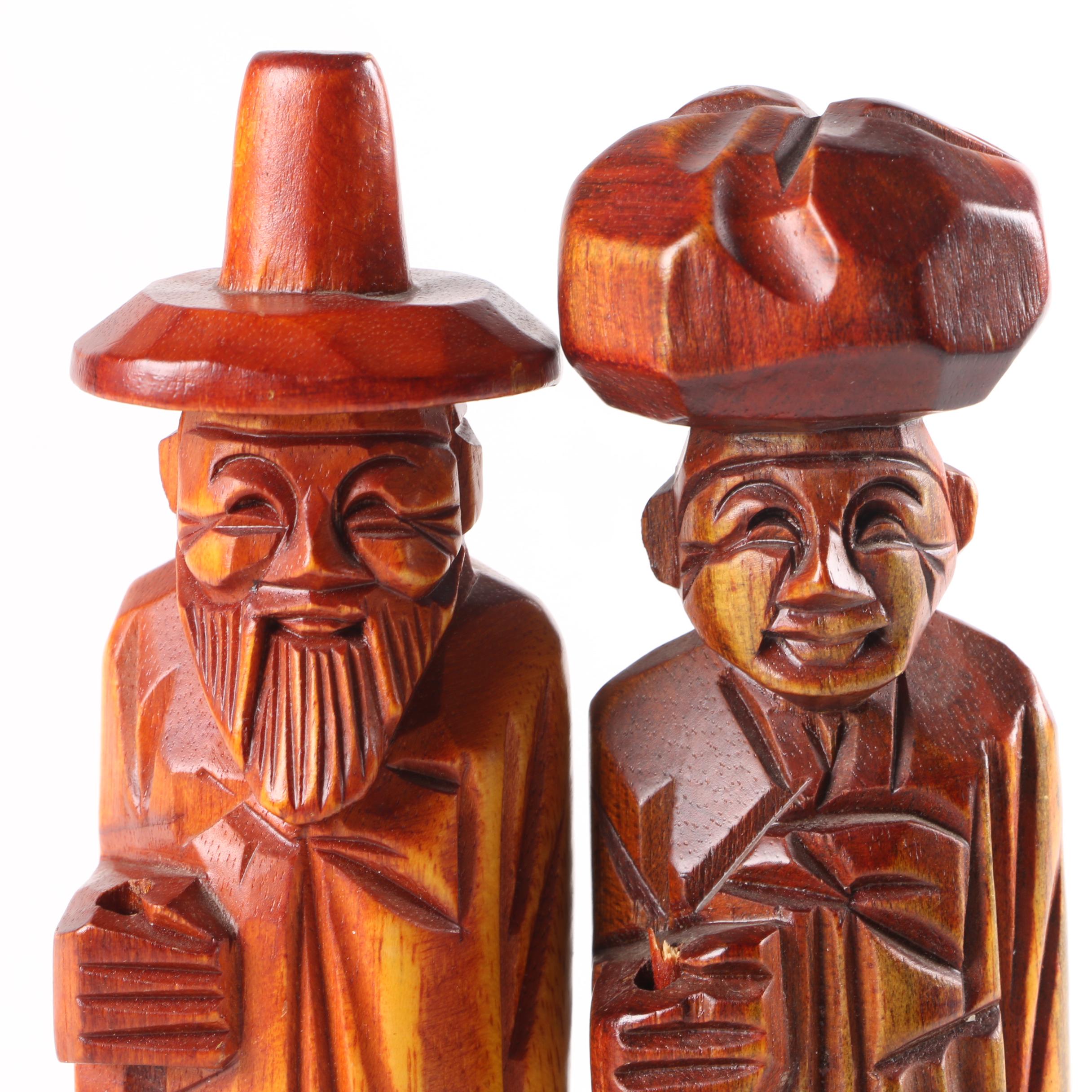 Carved Wooden Figurines and Pair of Japanese Kokeshi Dolls