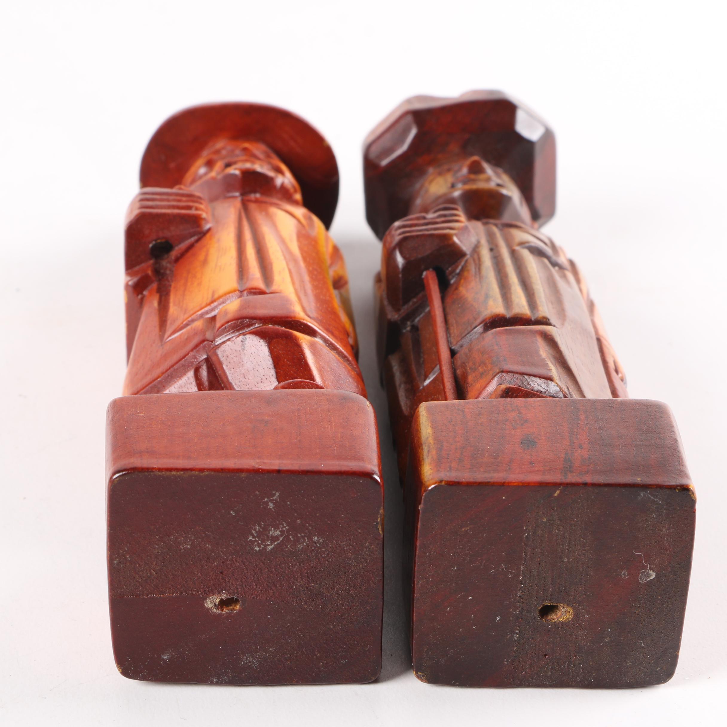 Carved Wooden Figurines and Pair of Japanese Kokeshi Dolls