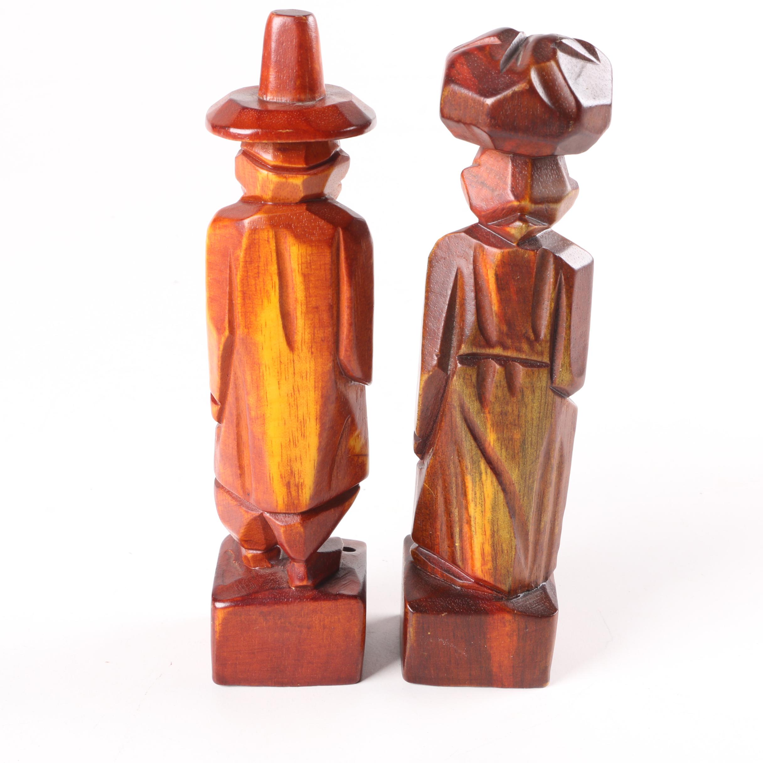 Carved Wooden Figurines and Pair of Japanese Kokeshi Dolls