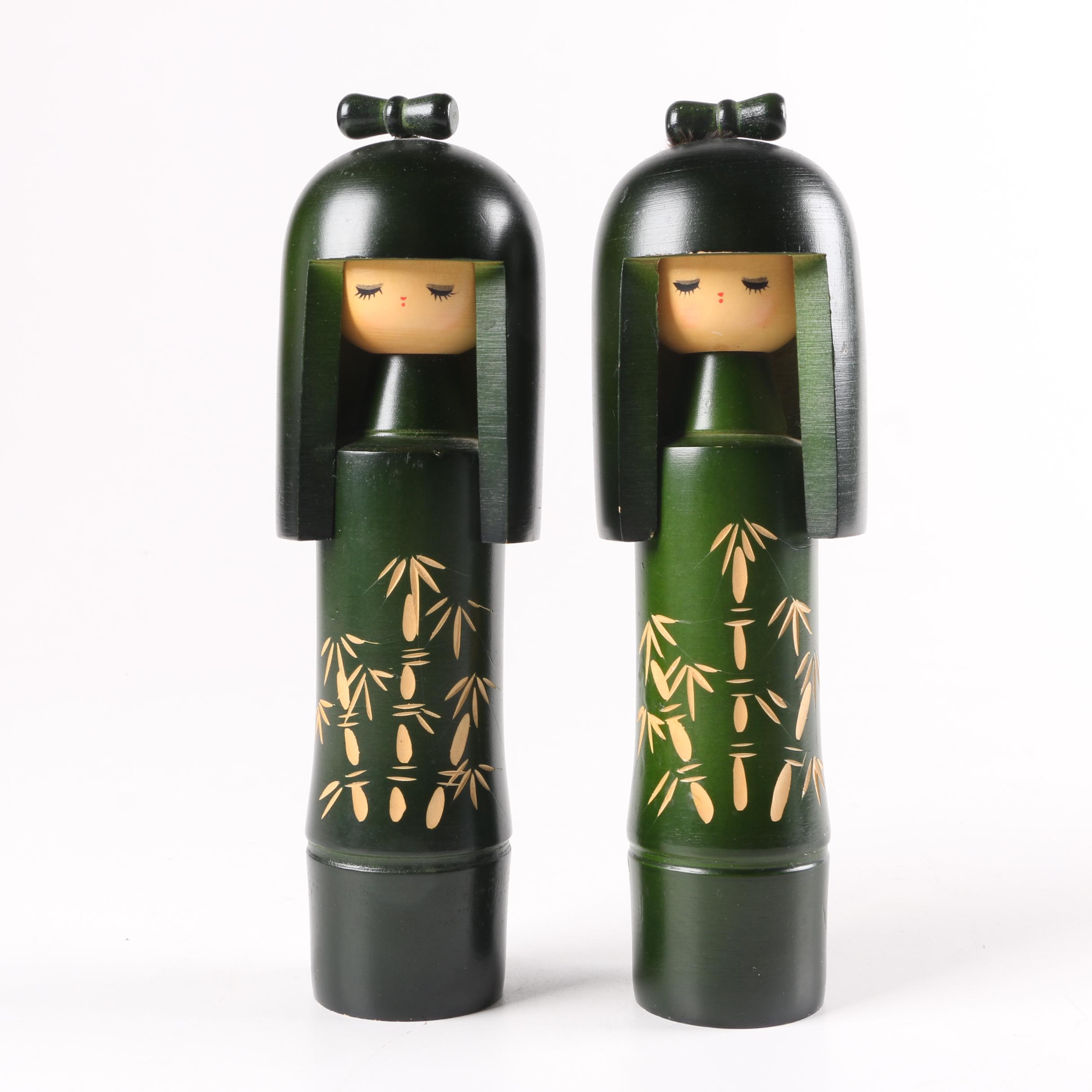 Carved Wooden Figurines and Pair of Japanese Kokeshi Dolls