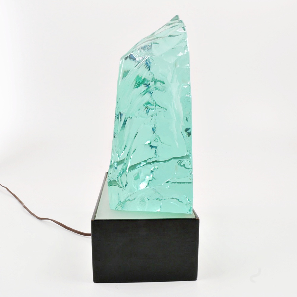 Kosta Etched Green Glass Sculpture on Lighted Stand