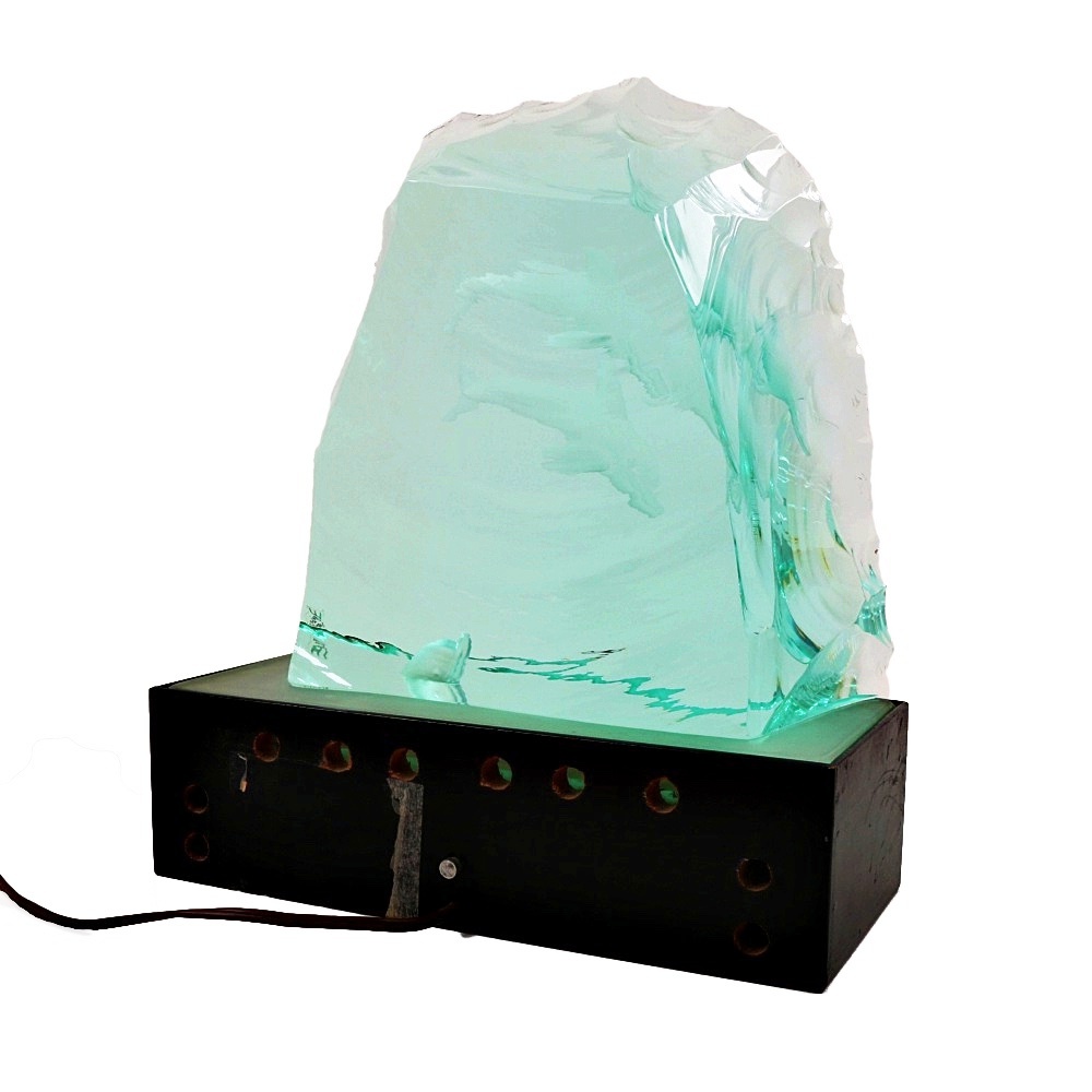 Kosta Etched Green Glass Sculpture on Lighted Stand