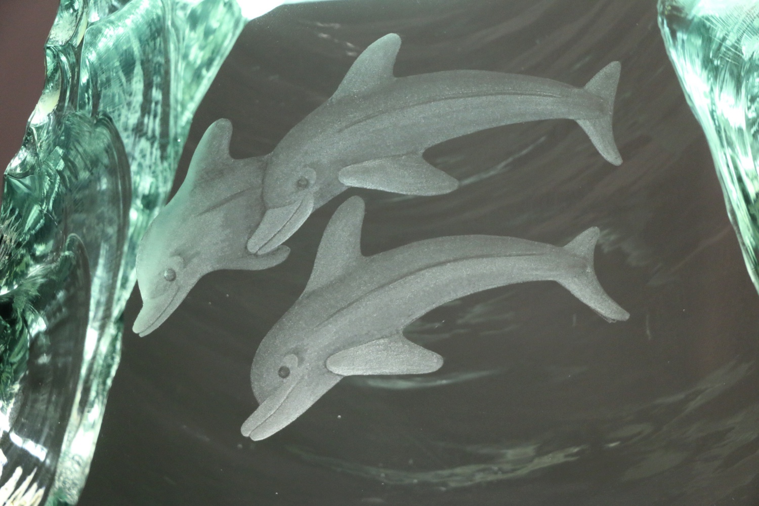 Kosta Etched Green Glass Sculpture on Lighted Stand