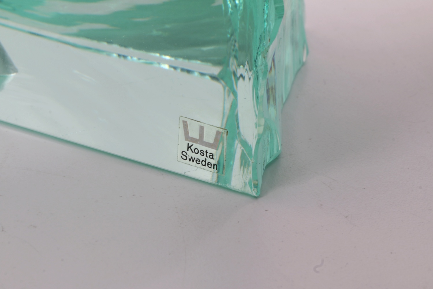 Kosta Etched Green Glass Sculpture on Lighted Stand