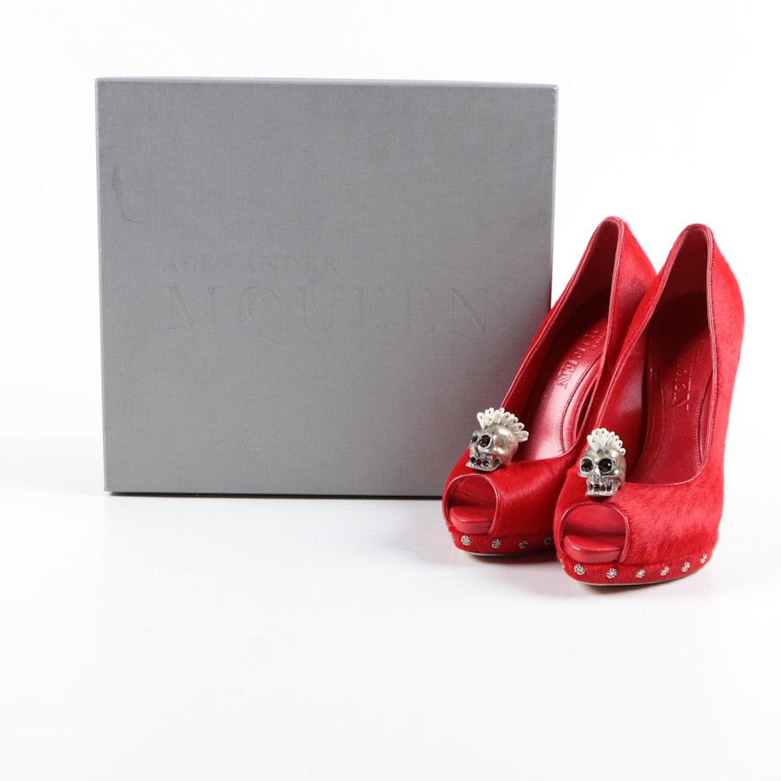 Alexander McQueen Red Calf Hair Skull Pumps