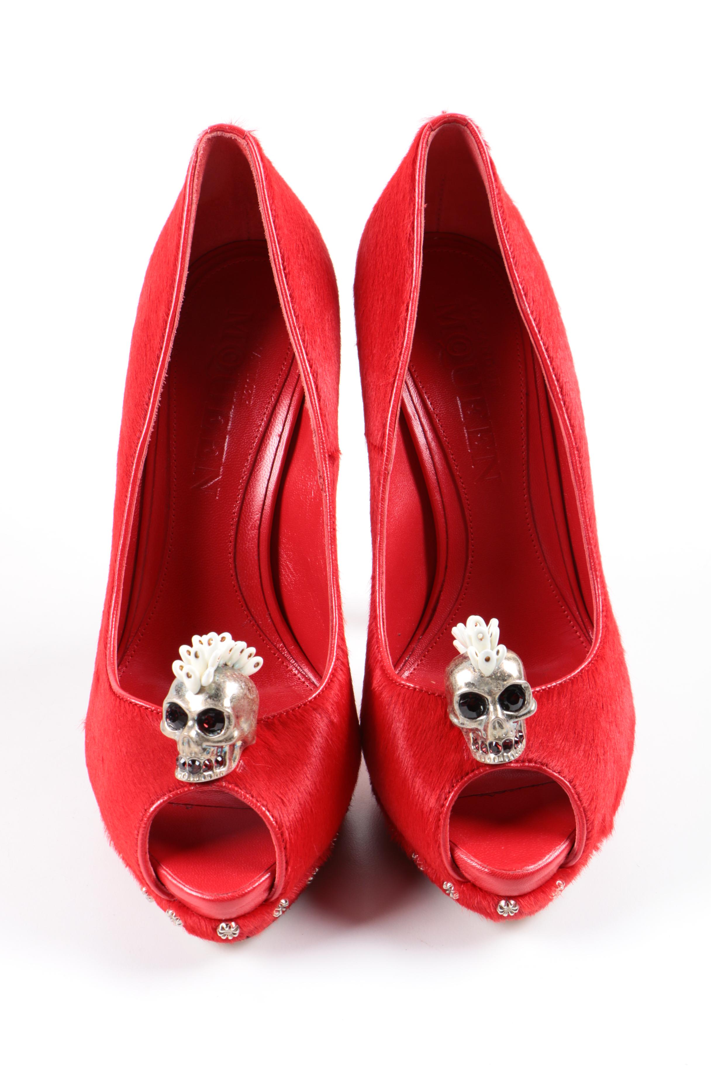 Alexander McQueen Red Calf Hair Skull Pumps