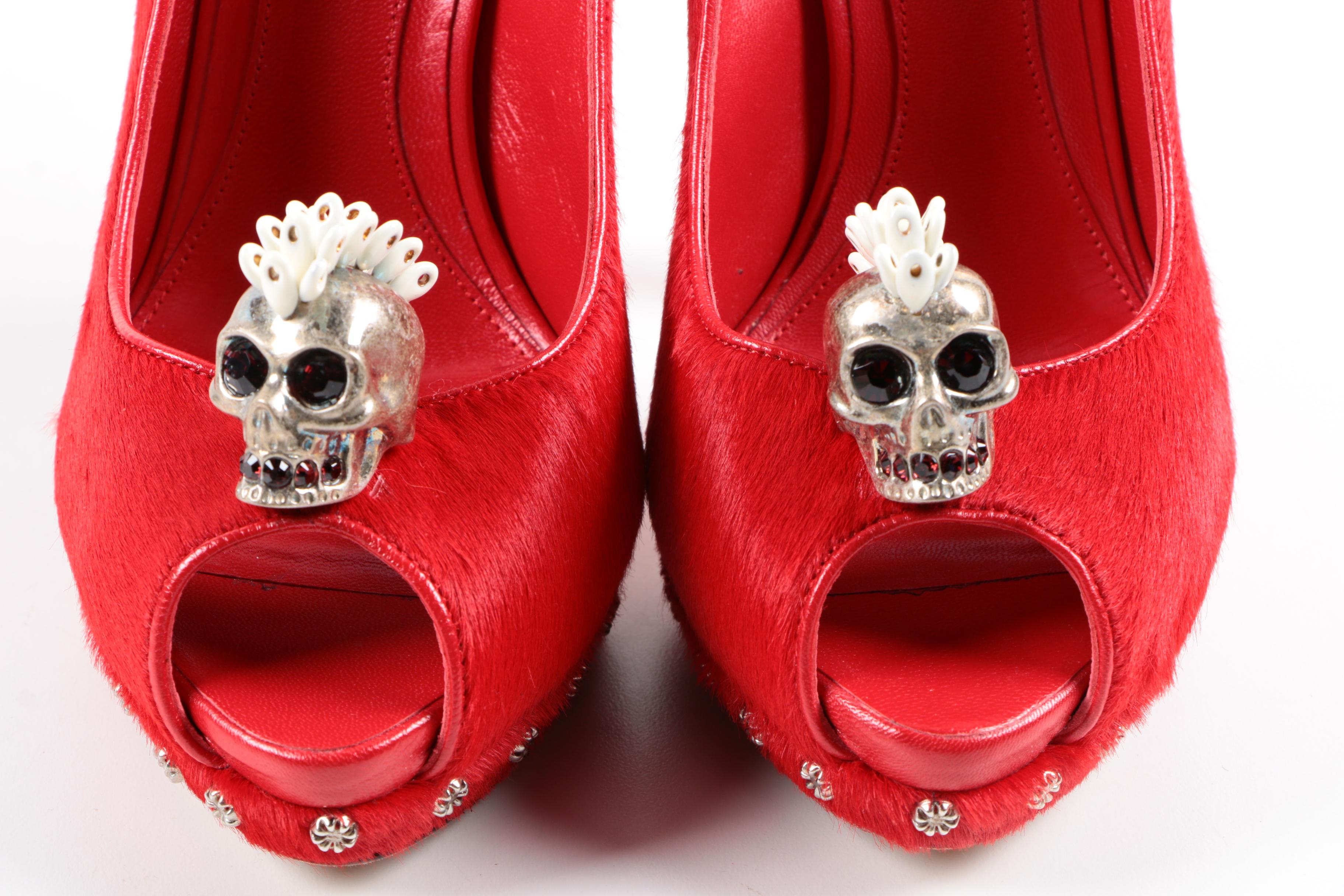 Alexander McQueen Red Calf Hair Skull Pumps