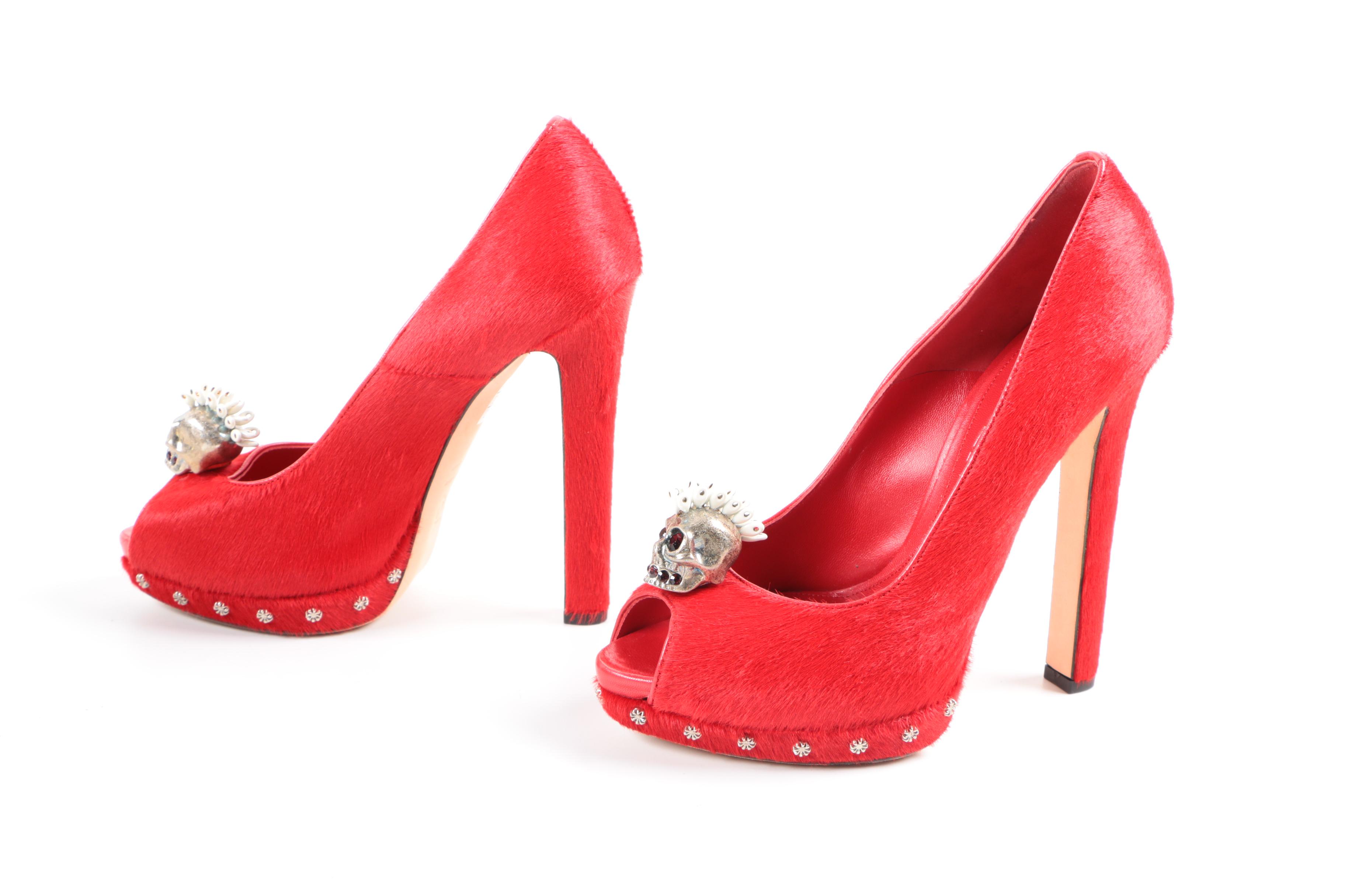 Alexander McQueen Red Calf Hair Skull Pumps