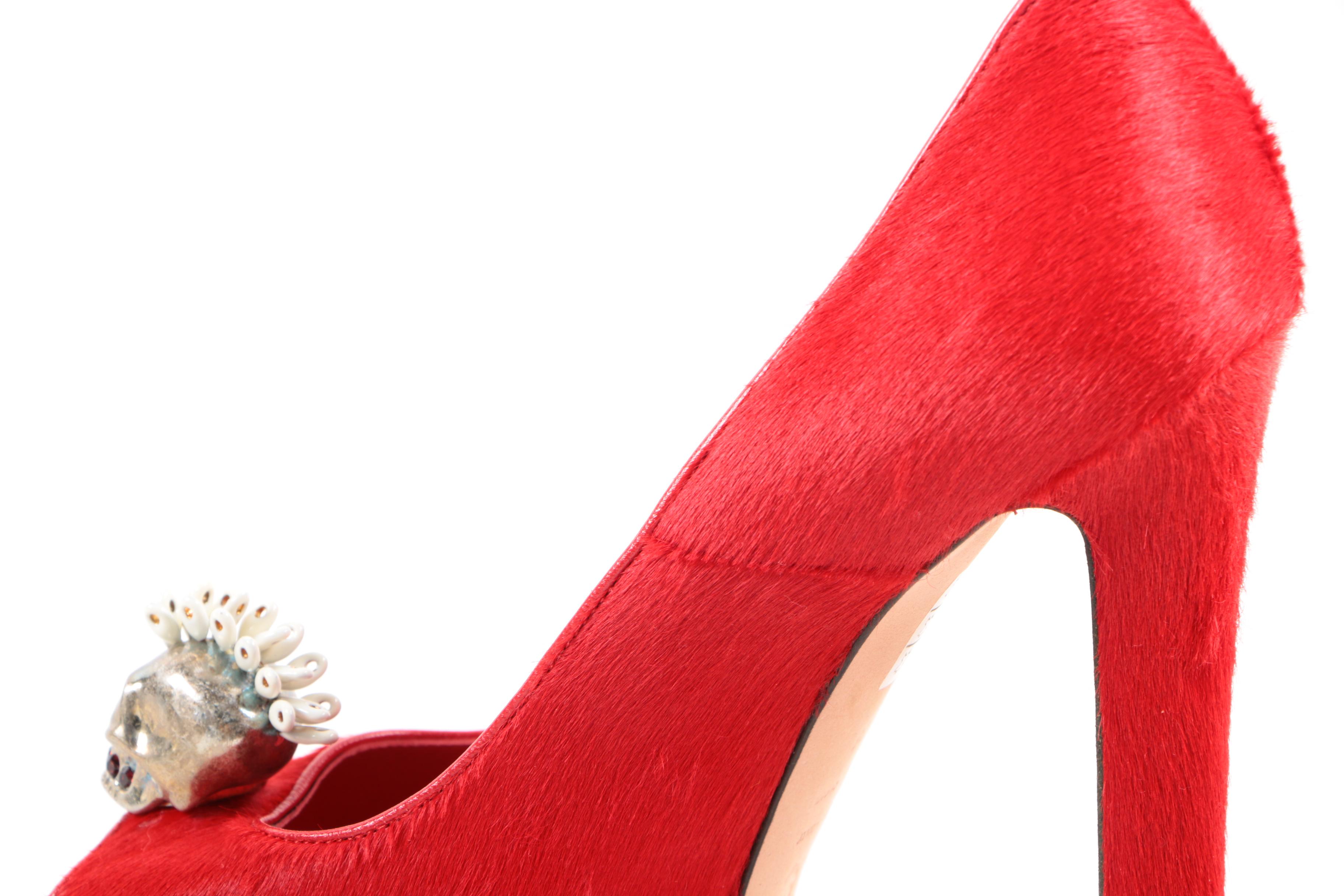 Alexander McQueen Red Calf Hair Skull Pumps
