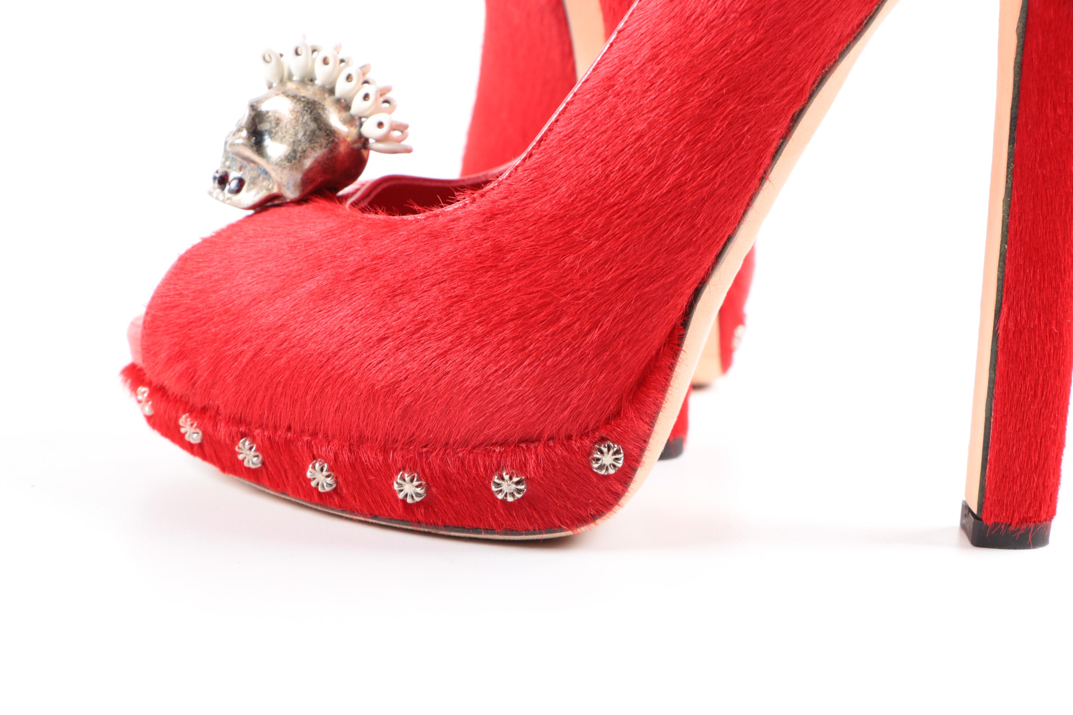 Alexander McQueen Red Calf Hair Skull Pumps