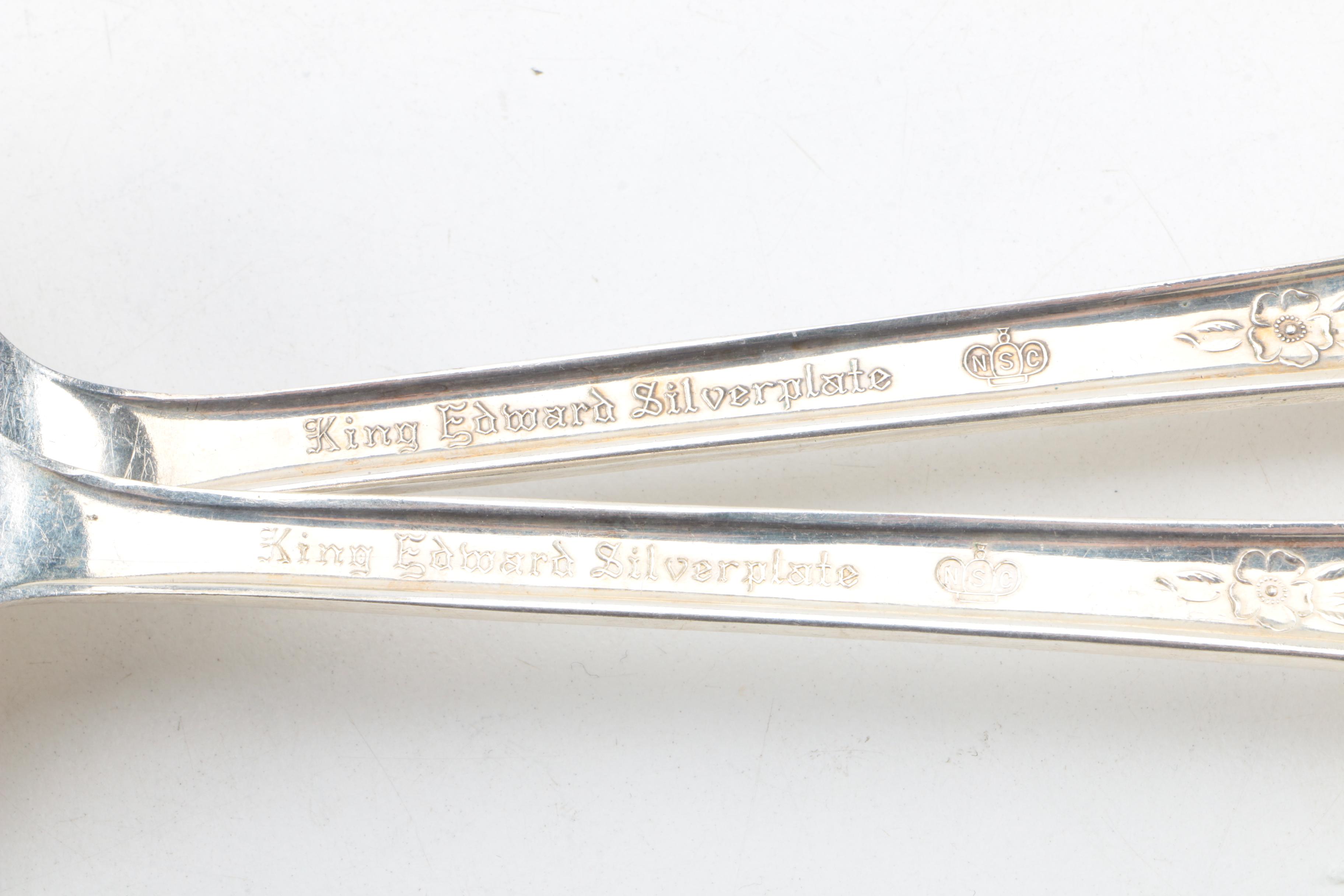 King Edward "Holiday" Silver Plate Soup Spoons with Ornate Serving Utensils