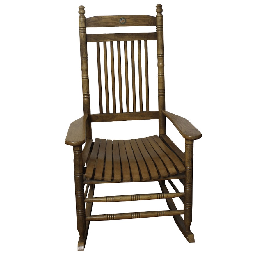 Vintage Oak Slat-Seat Rocking Chair With Flag Medallion