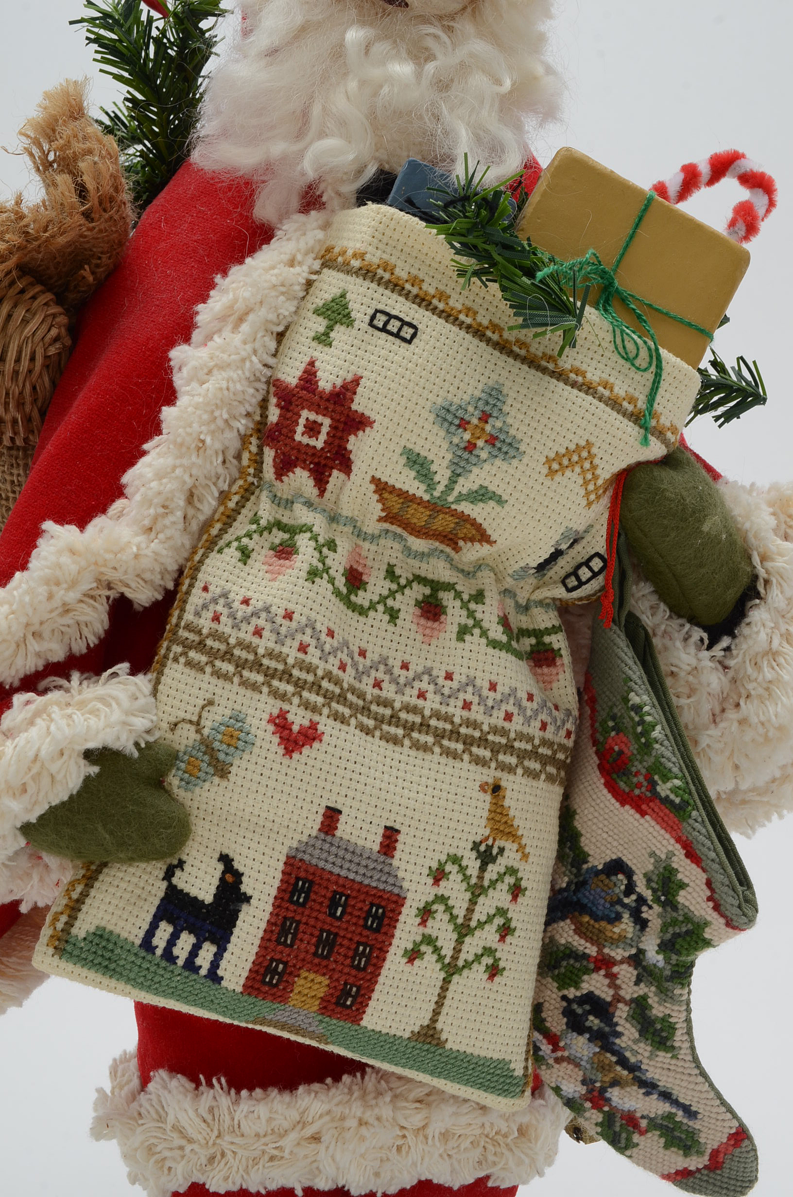 Hand Crafted Santa Figure with Needlepoint Stocking