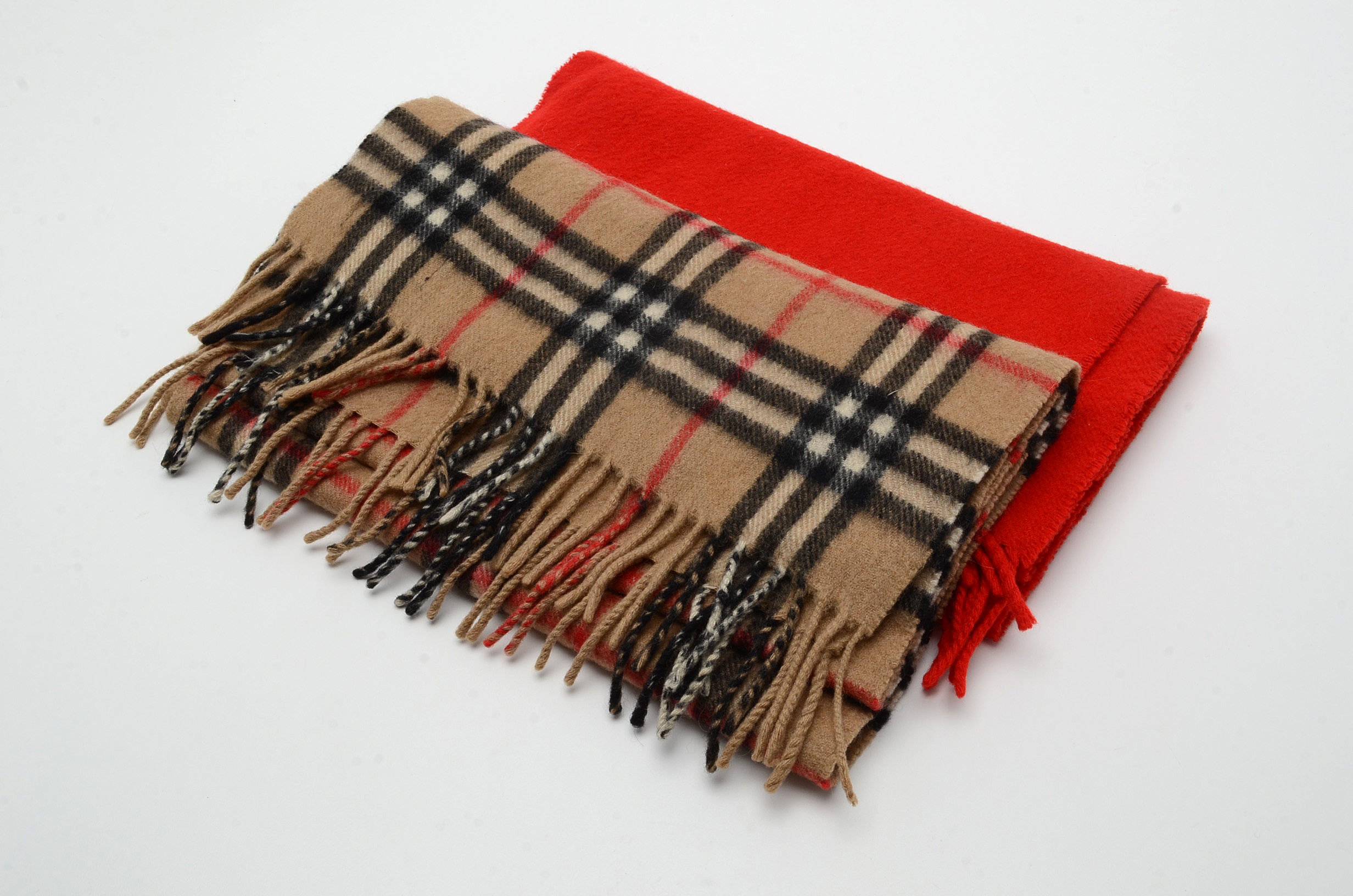 Burberry Cashmere Plaid Muffler and Red Cashmere Scarf
