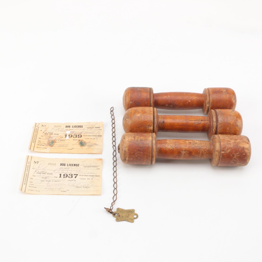 Vintage Wooden Barbells, Dog Licenses And Tag