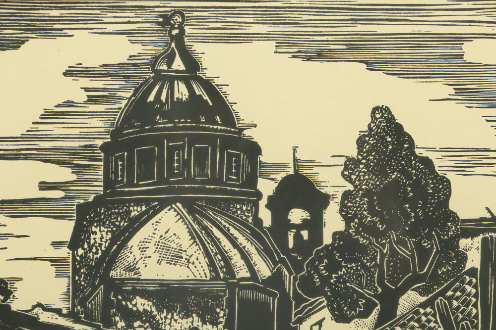 Carl Lewis Pappe Signed Woodcut on Paper "San Bernardino, Taxco"