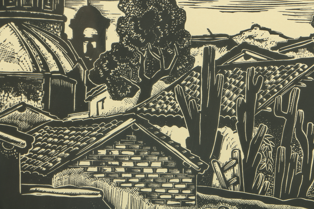 Carl Lewis Pappe Signed Woodcut on Paper "San Bernardino, Taxco"
