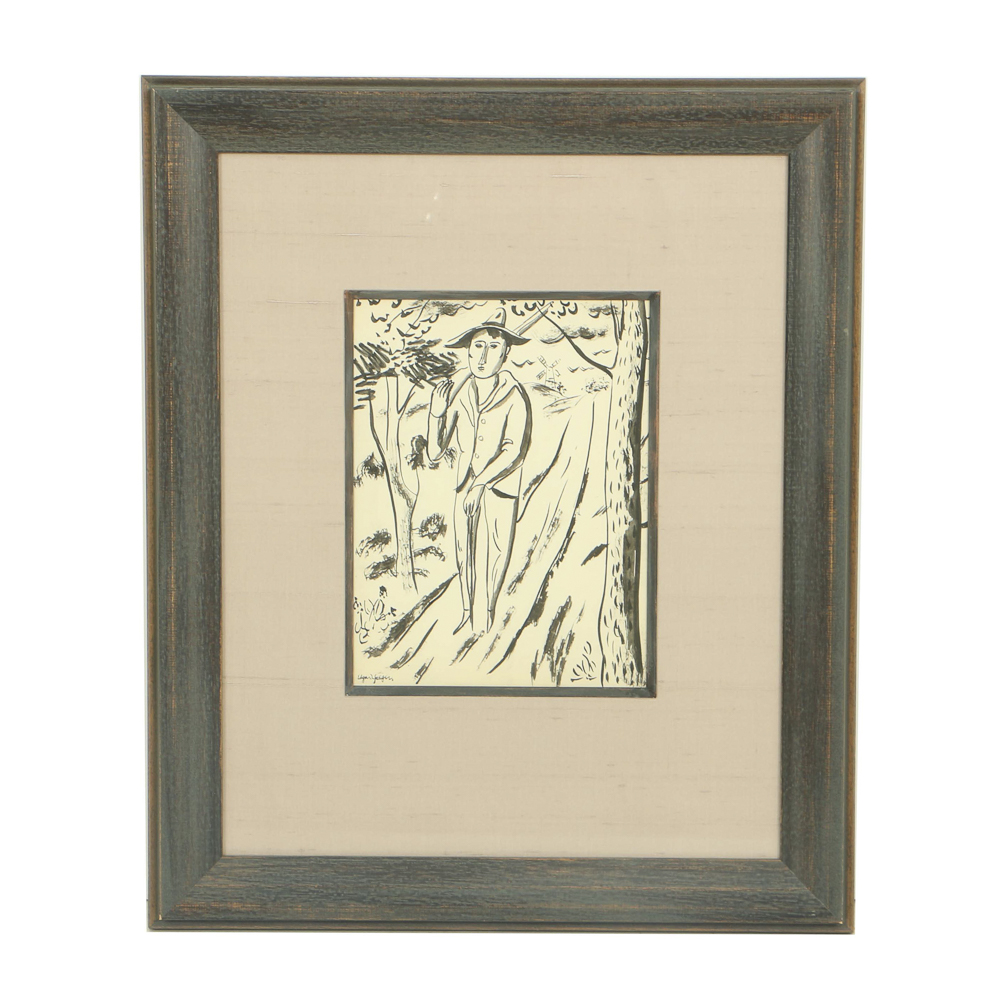 Edgar Yaeger Ink Wash Painting on Paper Figural Landscape