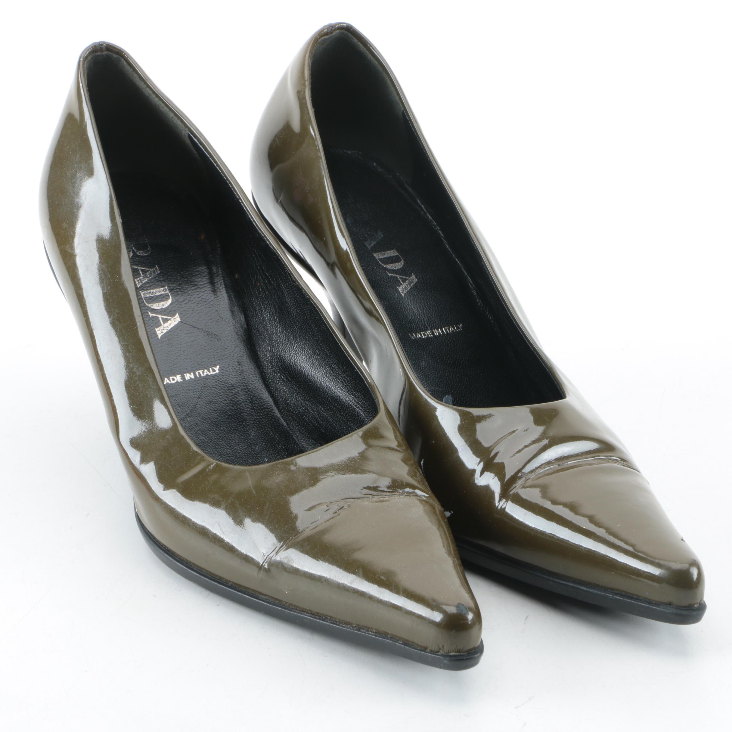 Prada Olive Green Patent Leather Pumps
