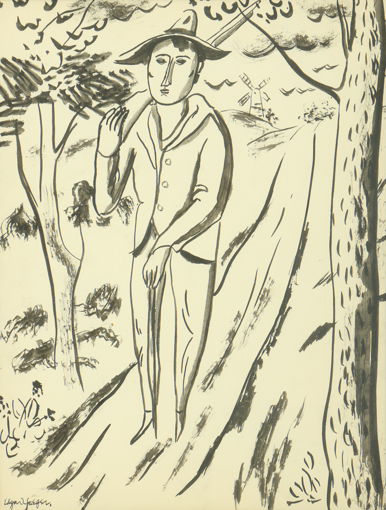 Edgar Yaeger Ink Wash Painting on Paper Figural Landscape