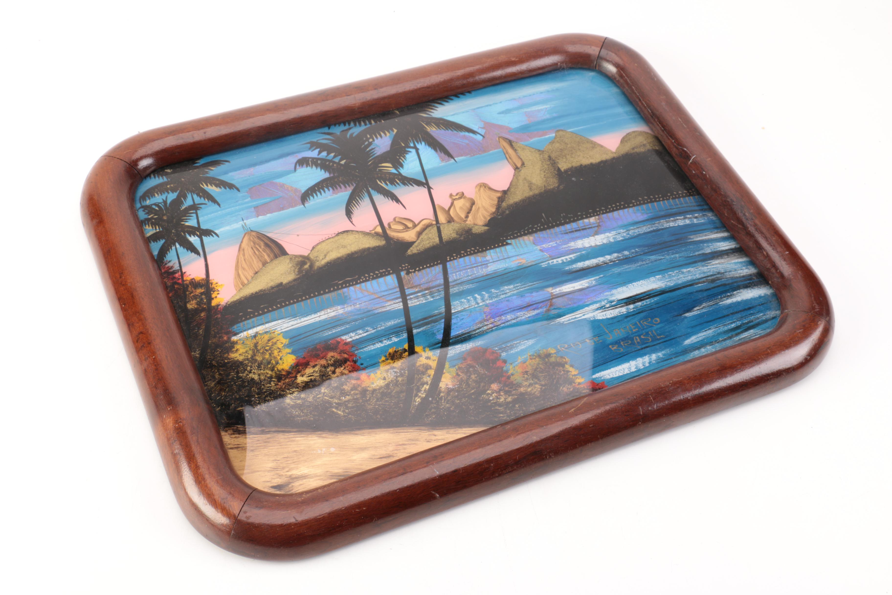 Two Wood Framed Butterfly Wing Trays and Framed Art Piece