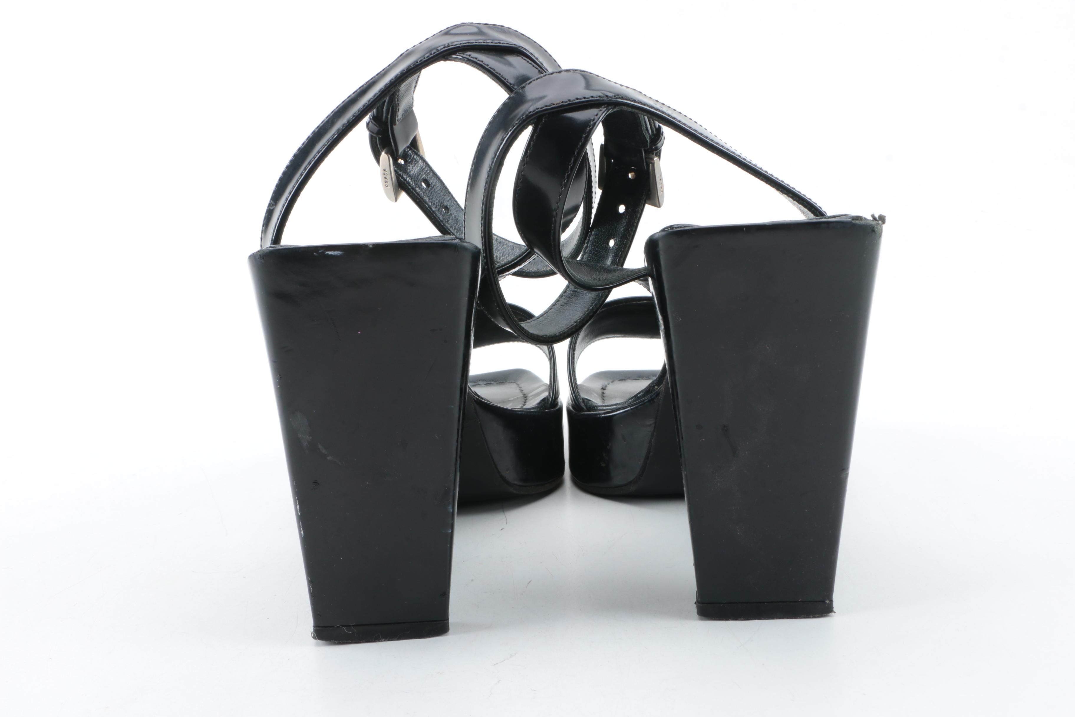 Prada Black Patent Leather Ankle Strap Sandals