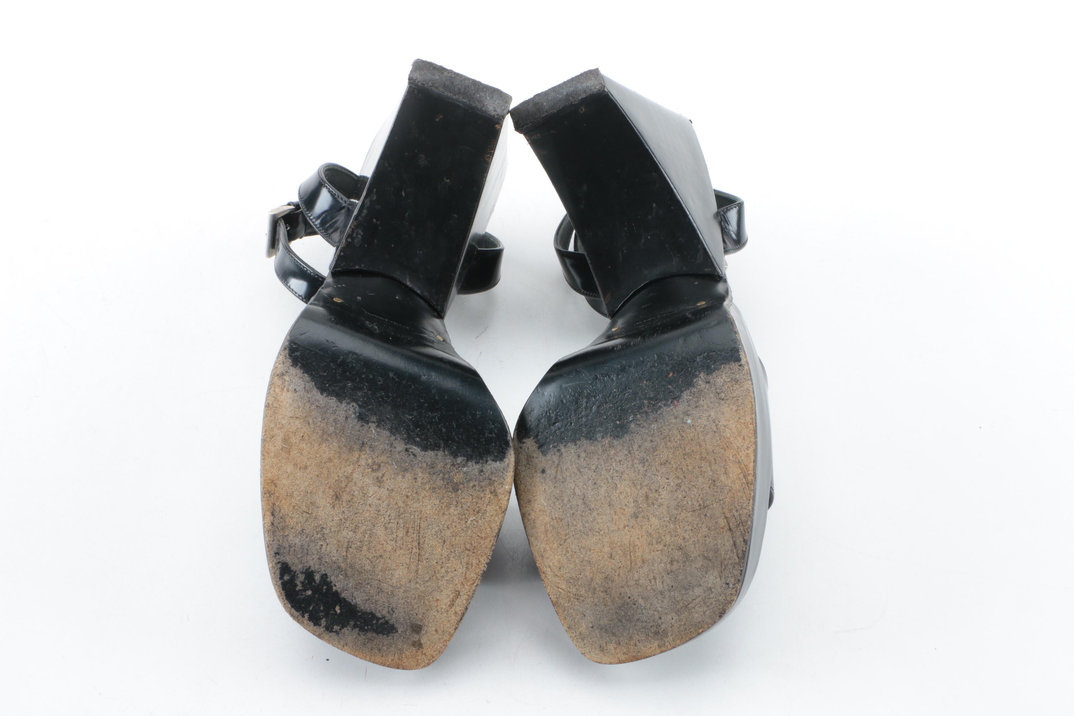 Prada Black Patent Leather Ankle Strap Sandals