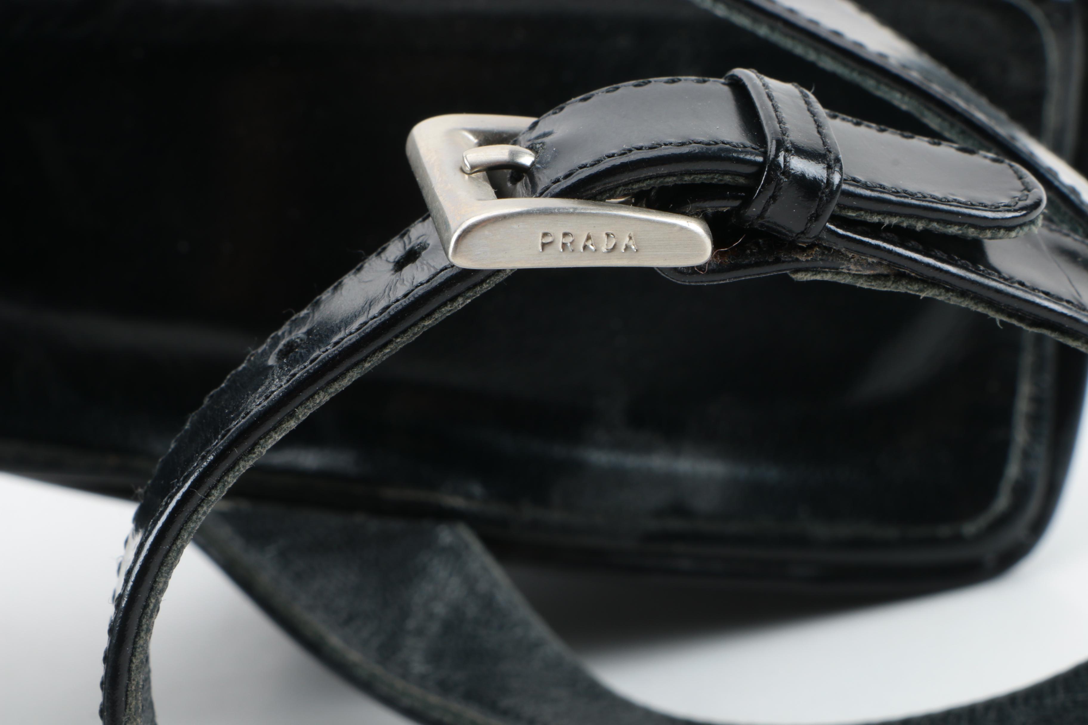 Prada Black Patent Leather Ankle Strap Sandals