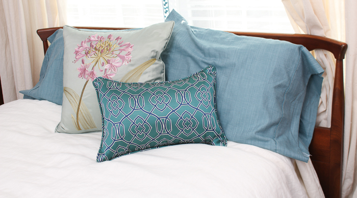 Mid Century Modern Stained Walnut Queen Size Bed Frame and Bedding