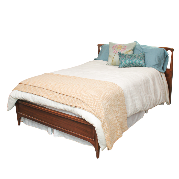 Mid Century Modern Stained Walnut Queen Size Bed Frame and Bedding