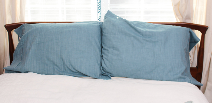 Mid Century Modern Stained Walnut Queen Size Bed Frame and Bedding