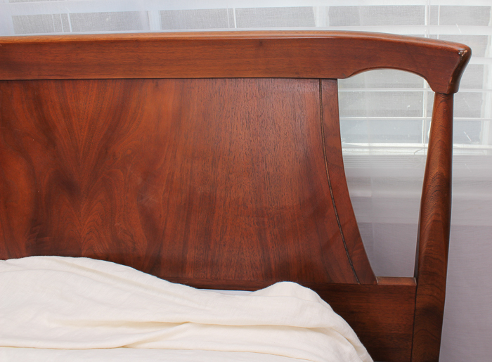 Mid Century Modern Stained Walnut Queen Size Bed Frame and Bedding