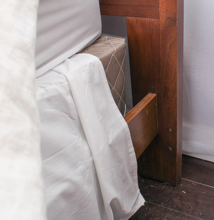 Mid Century Modern Stained Walnut Queen Size Bed Frame and Bedding