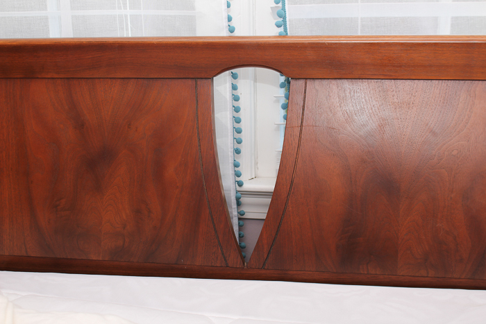 Mid Century Modern Stained Walnut Queen Size Bed Frame and Bedding