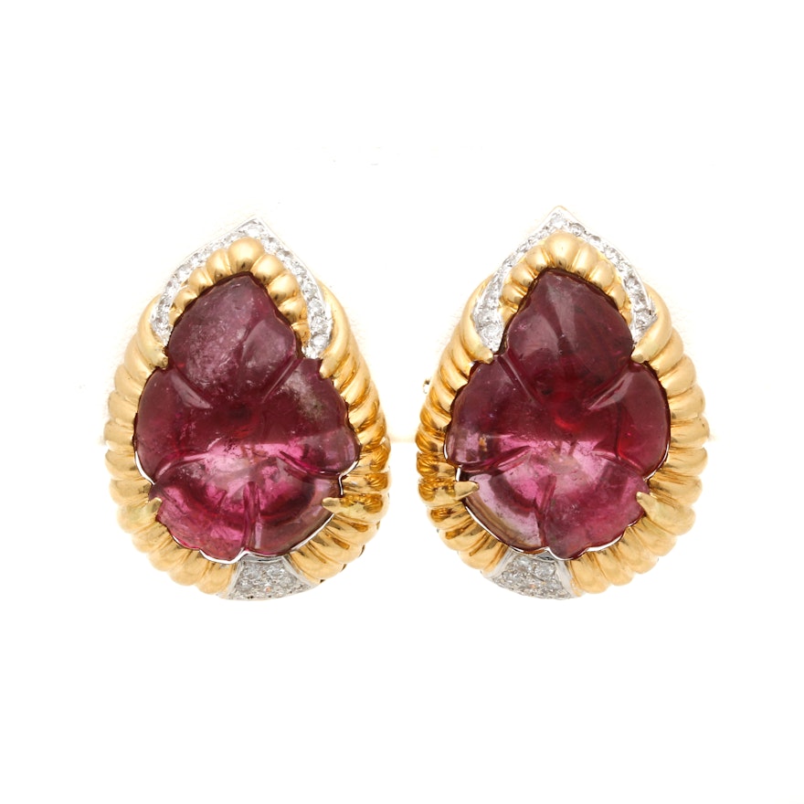 18K Yellow Gold Pink Tourmaline and 0.75 CTW Diamond Earrings