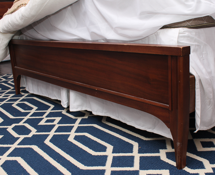 Mid Century Modern Stained Walnut Queen Size Bed Frame and Bedding