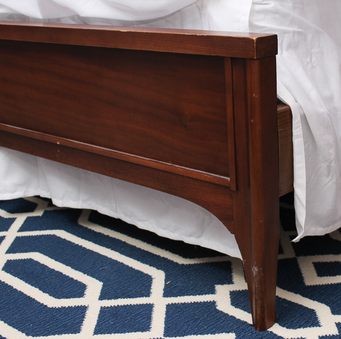 Mid Century Modern Stained Walnut Queen Size Bed Frame and Bedding